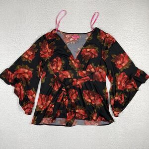 Betsey Johnson Shirt Womens XL Bell Sleeve Floral Roses Whimsigoth Faux Wrap Top